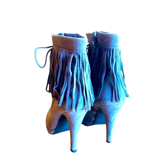 Dove Gray Suede Fringe Lace Up Ankle Stiletto Boots Trendy Western Cowgirl - Picture 4 of 5